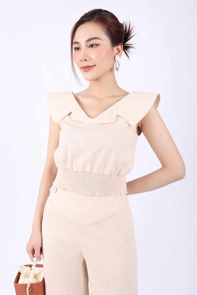 BAK32819 - Áo kiểu dạo phố vải linen dáng croptop cạp bo chun cổ kiểu diễu chỉ cùng màu trang trí - PANTIO