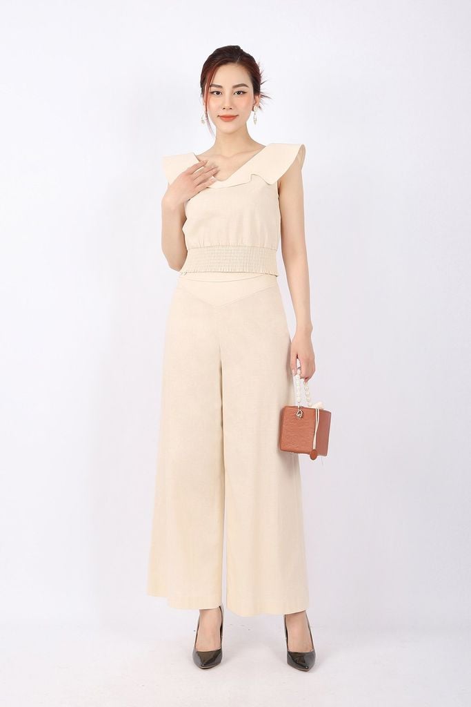 BAK32819 - Áo kiểu dạo phố vải linen dáng croptop cạp bo chun cổ kiểu diễu chỉ cùng màu trang trí - PANTIO