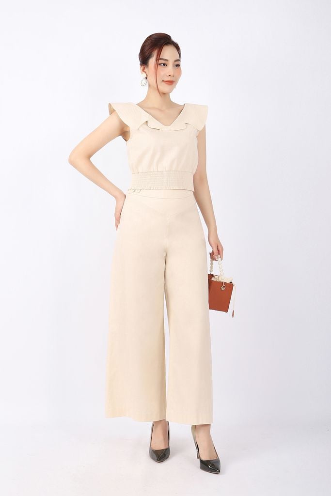 BAK32819 - Áo kiểu dạo phố vải linen dáng croptop cạp bo chun cổ kiểu diễu chỉ cùng màu trang trí - PANTIO