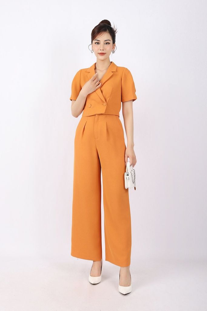 BAK32833 - Áo vest công sở vải thô đũi dáng croptop cổ hai ve tay mí bom tạo kiểu thân cài cúc - PANTIO