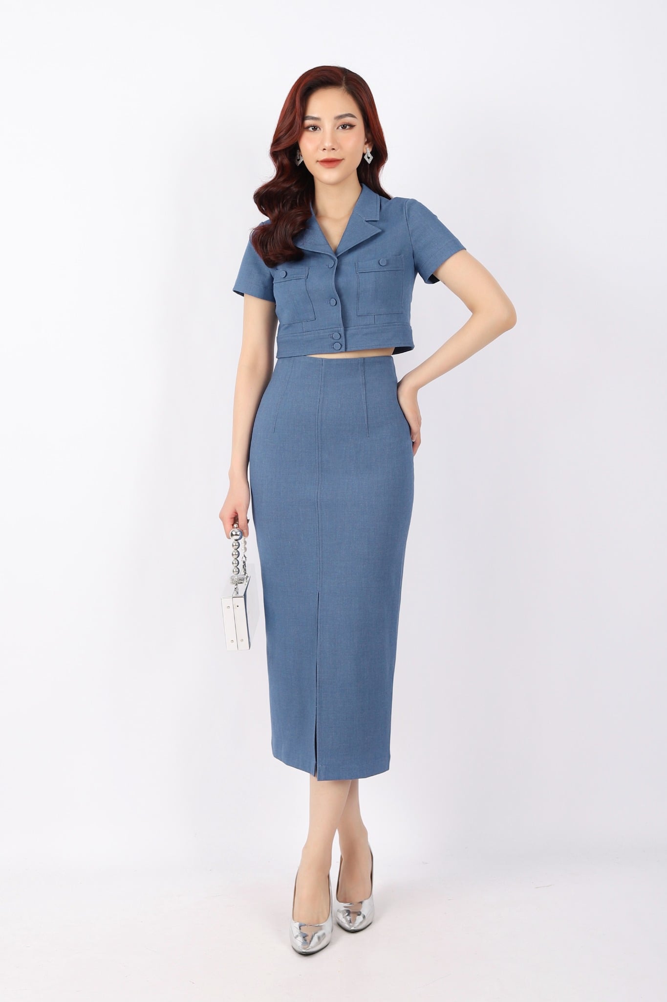 BJD32868 - Chân váy công sở vải kaki dáng bút chì diễu chỉ trang trí xẻ gấu trước khóa thân sau - PANTIO