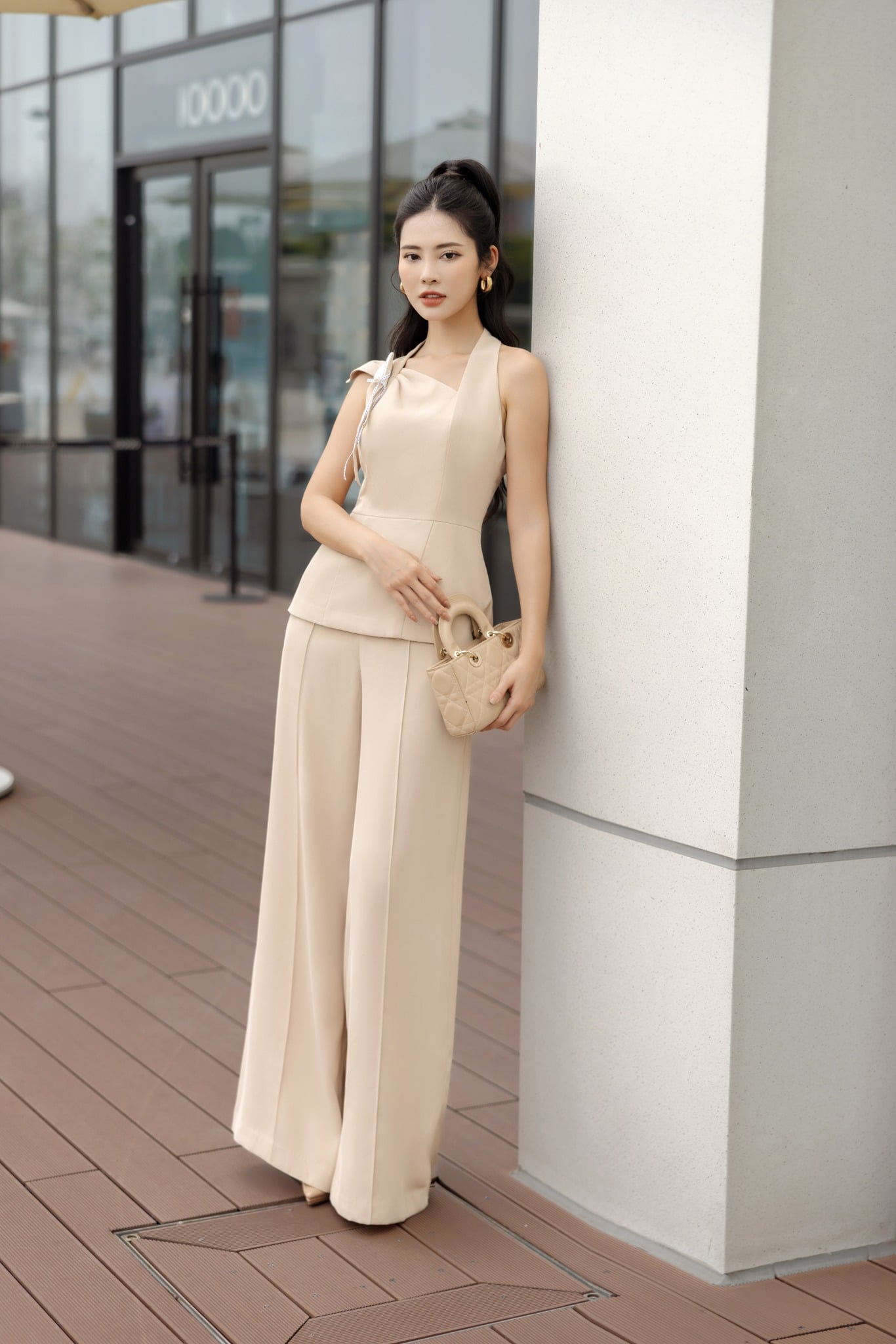 BQD33006 - Quần công sở vải tuytsi dáng suông ống rộng thân phối đường gân tạo kiểu - PANTIO