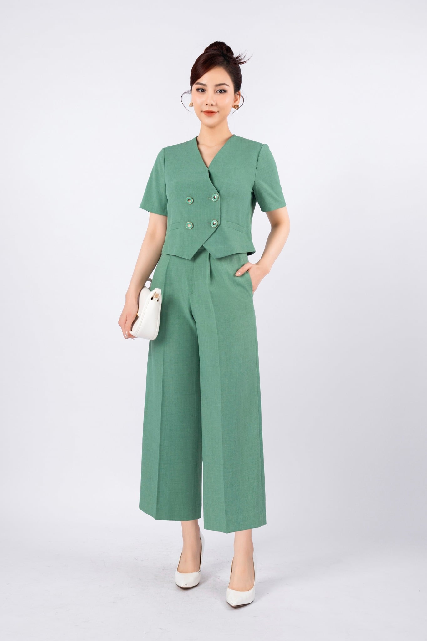 BQL33021 - Quần công sở vải tuytsi dáng suông ống rộng cạp thân sau phối chun - PANTIO