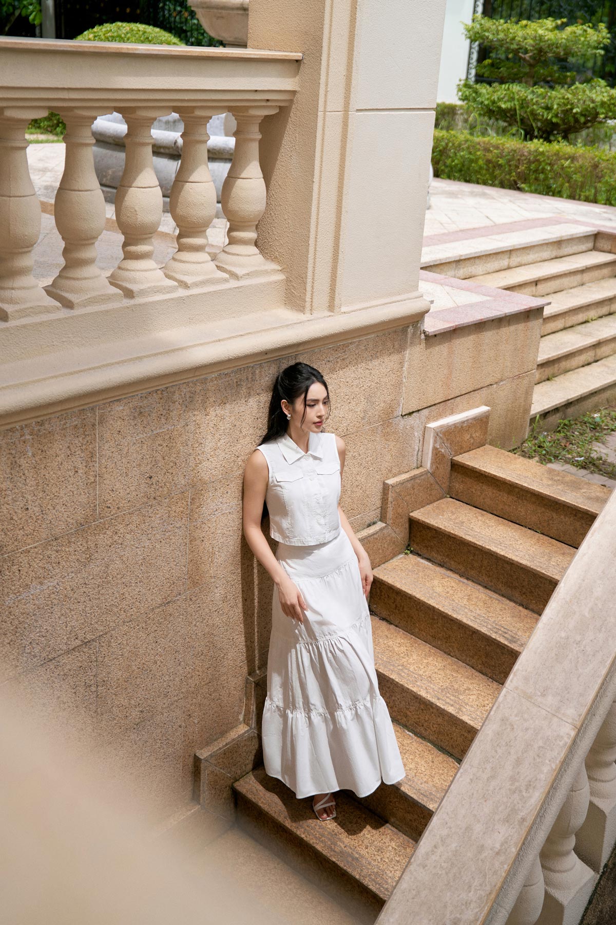 BJD33071 - Chân váy dạo phố vải kaki dáng xoè dài thân váy xếp tầng khoá thân sau - PANTIO