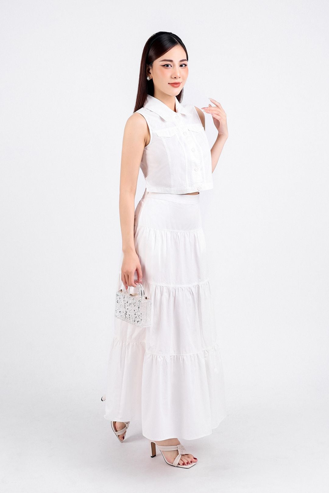 BJD33071 - Chân váy dạo phố vải kaki dáng xoè dài thân váy xếp tầng khoá thân sau - PANTIO