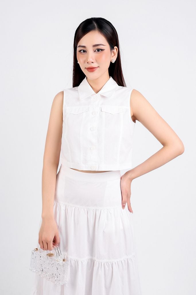 BAK33071 - Áo kiểu dạo phố vải kaki dáng croptop cổ đức cài khuy thân trước - PANTIO