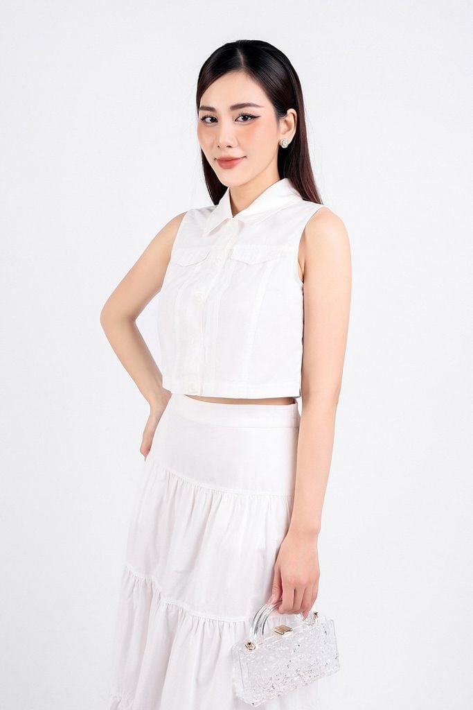 BAK33071 - Áo kiểu dạo phố vải kaki dáng croptop cổ đức cài khuy thân trước - PANTIO