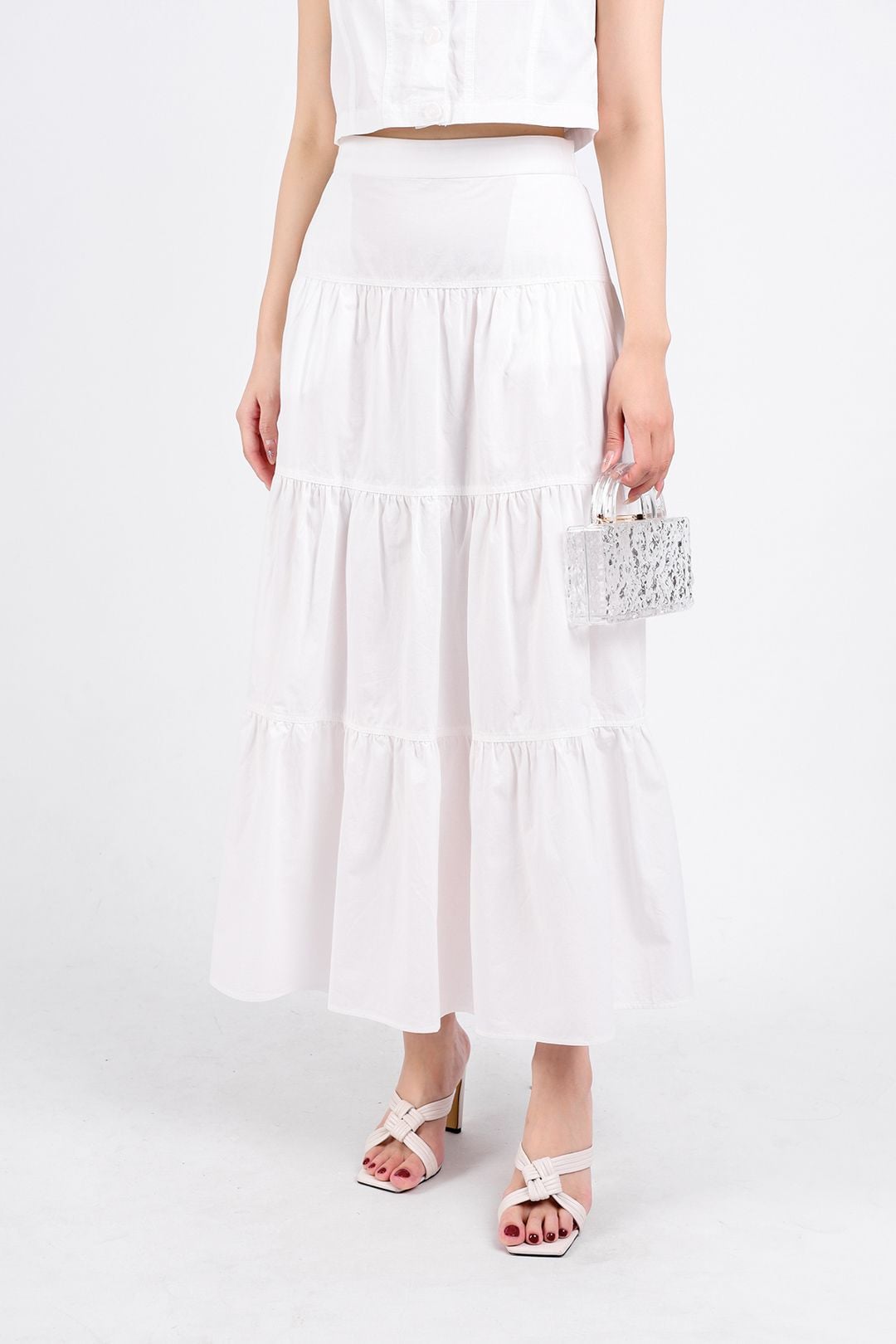 BJD33071 - Chân váy dạo phố vải kaki dáng xoè dài thân váy xếp tầng khoá thân sau - PANTIO