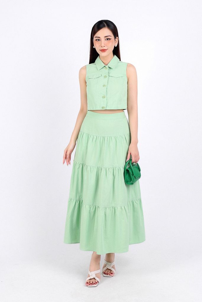 BJD33071 - Chân váy dạo phố vải kaki dáng xoè dài thân váy xếp tầng khoá thân sau - PANTIO