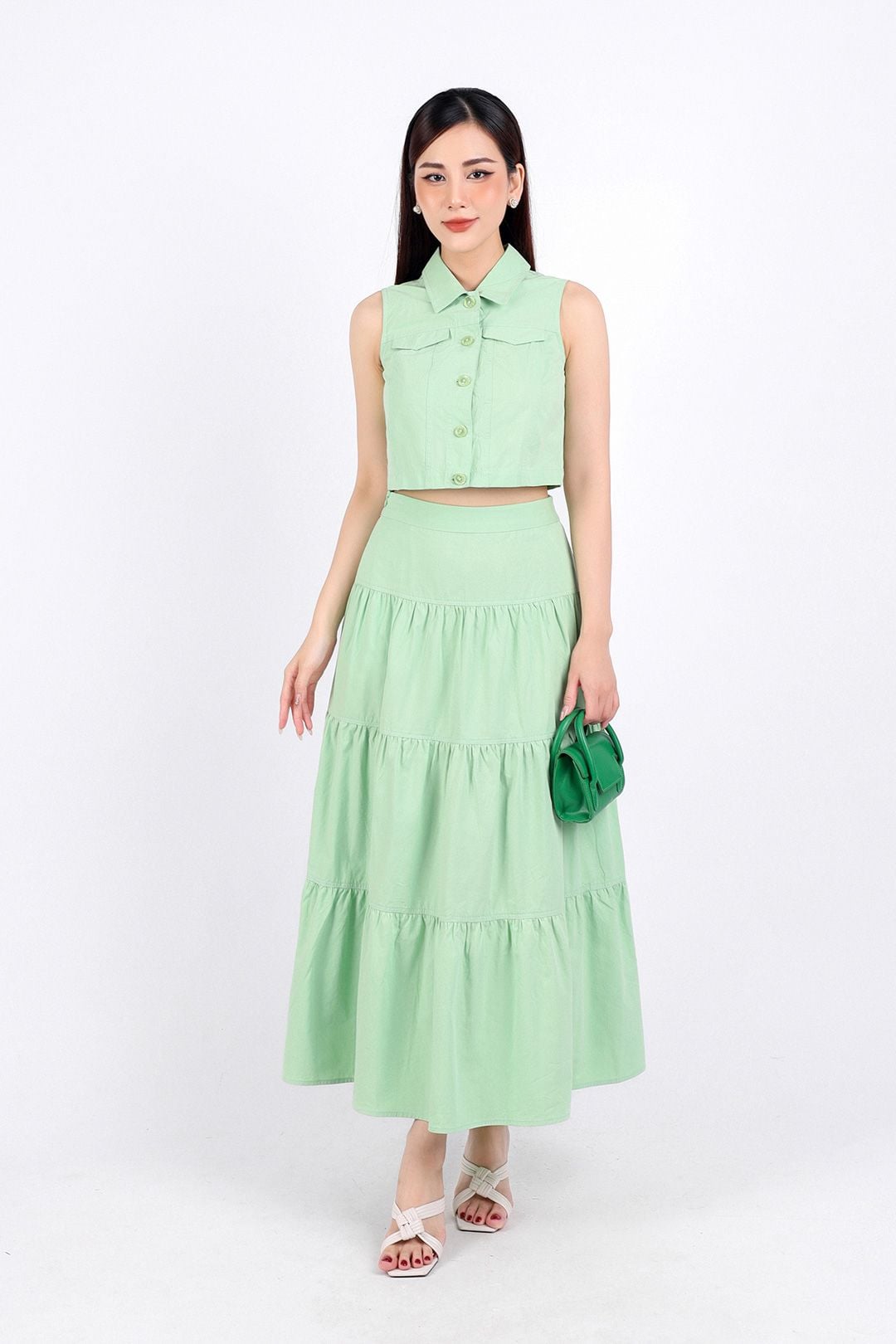 BJD33071 - Chân váy dạo phố vải kaki dáng xoè dài thân váy xếp tầng khoá thân sau - PANTIO