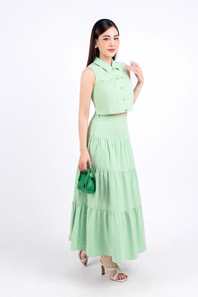 BJD33071 - Chân váy dạo phố vải kaki dáng xoè dài thân váy xếp tầng khoá thân sau - PANTIO