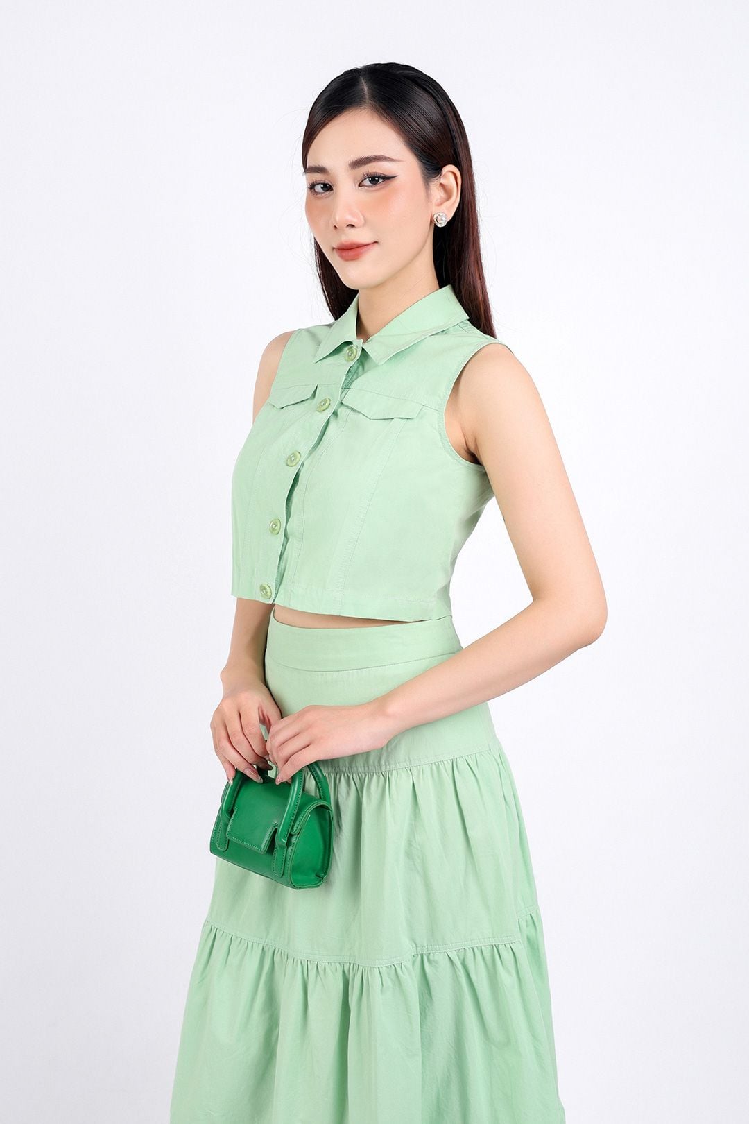 BJD33071 - Chân váy dạo phố vải kaki dáng xoè dài thân váy xếp tầng khoá thân sau - PANTIO