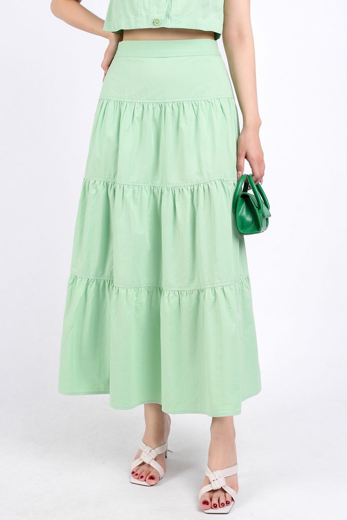 BJD33071 - Chân váy dạo phố vải kaki dáng xoè dài thân váy xếp tầng khoá thân sau - PANTIO