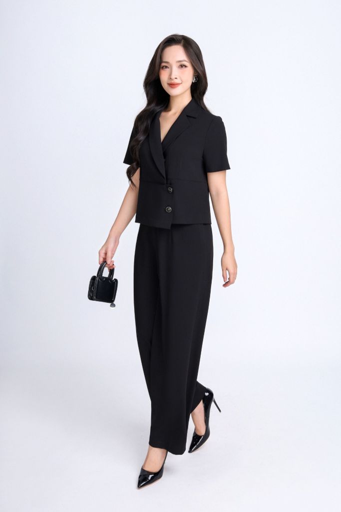 BAK33086 - Áo vest kiểu công sở chất liệu tuytsi dáng peplum lửng, vạt chéo đính khuy trang trí - PANTIO