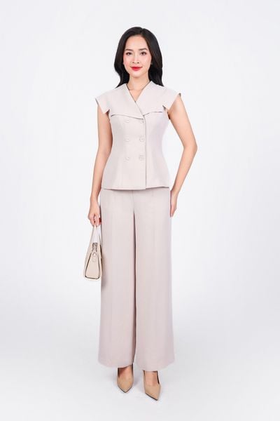 BAK33095 - Áo kiểu công sở vải tuyp xy dáng ôm cổ V vai chờm thân áo phối khuy bọc tạo kiểu - PANTIO