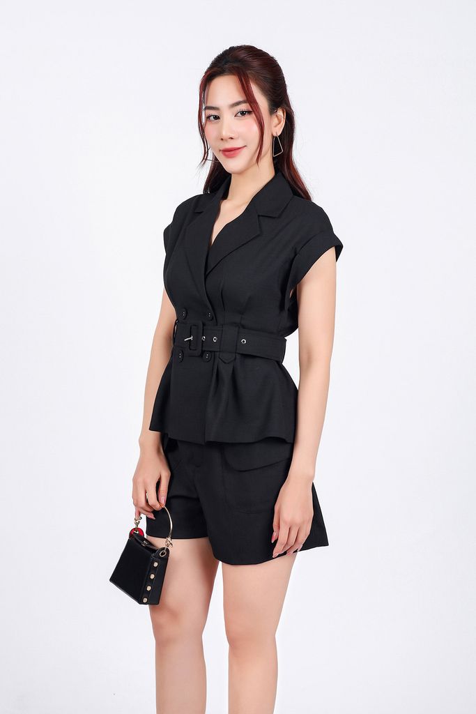 BQN33101 - Quần short vải thô đũi dáng suông thân đính nắp túi ốp tạo kiểu - PANTIO