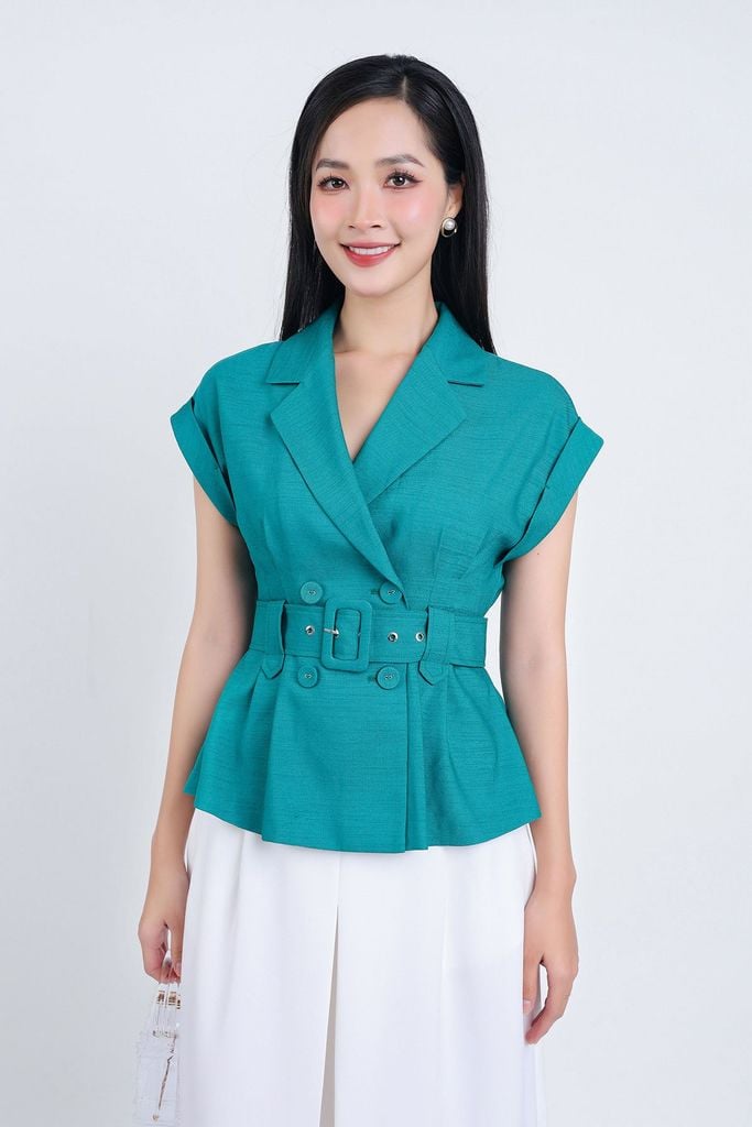 BAK33101 - Áo kiểu công sở vải thô đũi dáng suông cổ hai ve vai chờm kèm đai lưng tạo kiểu - PANTIO