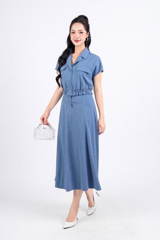 BAK33106 - Áo kiểu công công sở vải tuytsi dáng lửng cổ hai ve ngực áo phối túi trang trí gấu áo bo chun - PANTIO