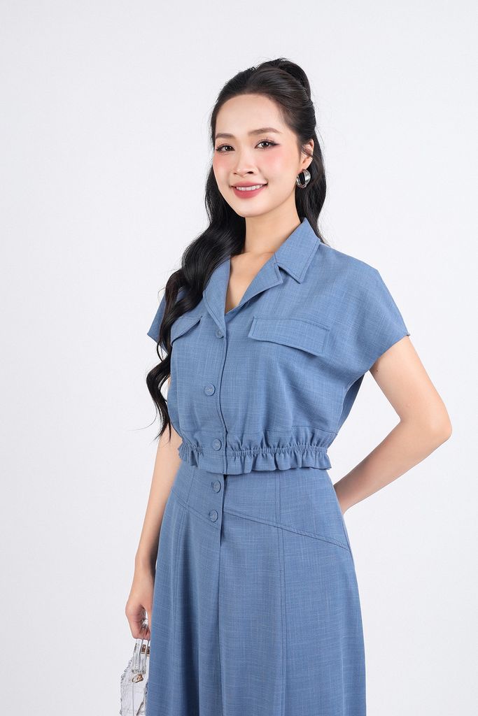 BAK33106 - Áo kiểu công công sở vải tuytsi dáng lửng cổ hai ve ngực áo phối túi trang trí gấu áo bo chun - PANTIO