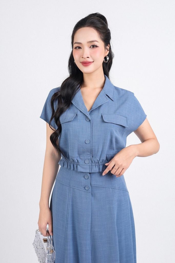 BAK33106 - Áo kiểu công công sở vải tuytsi dáng lửng cổ hai ve ngực áo phối túi trang trí gấu áo bo chun - PANTIO