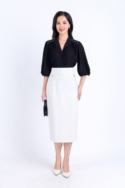 BAK33136 - Áo sơ mi kiểu công sở vải phi cát dáng suông cổ hai ve vai thêu hoạ tiết kẻ caro tay lửng gấu tay bo chun cài khuy thân trước - PANTIO