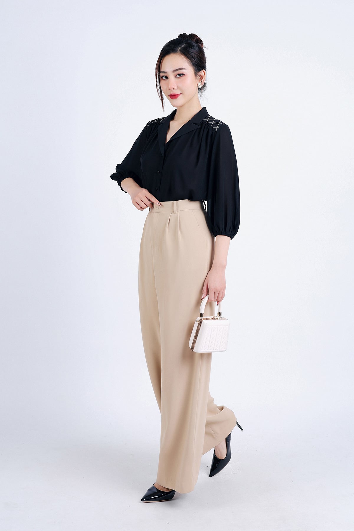 FQD51116 - Quần công sở vải tuypxy dáng suông dài thân phối ly bong tạo kiểu khoá thân trước - PANTIO