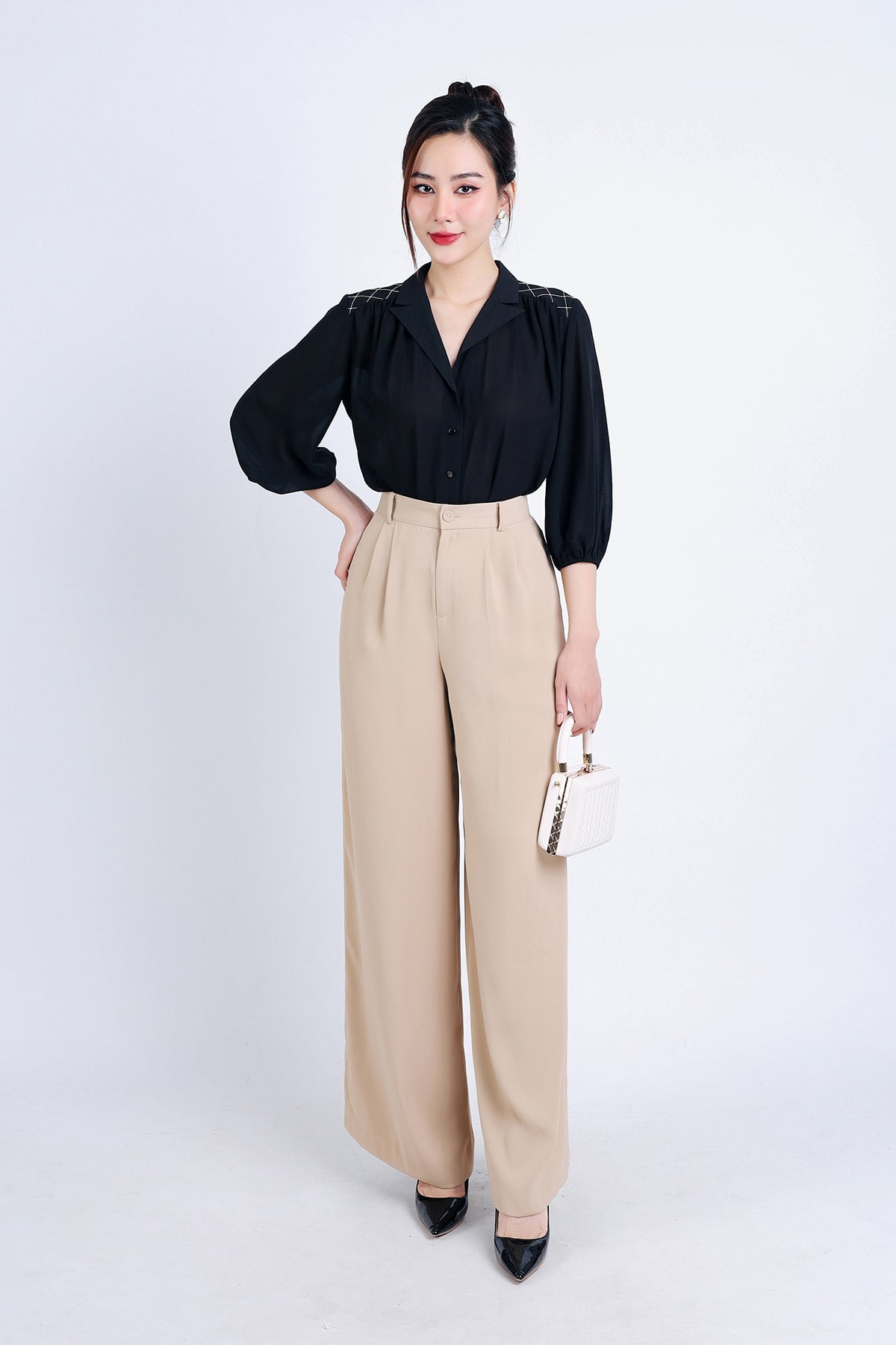 FQD51116 - Quần công sở vải tuypxy dáng suông dài thân phối ly bong tạo kiểu khoá thân trước - PANTIO