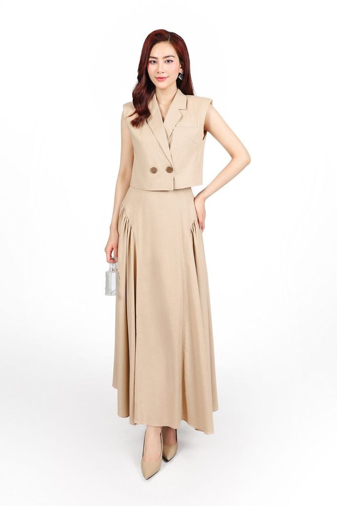 BAK33425 - Áo kiểu công sở vải linen dáng lửng cổ hai ve vai chờm có đệm vai thân thân áo đính khuy tạo kiểu - PANTIO