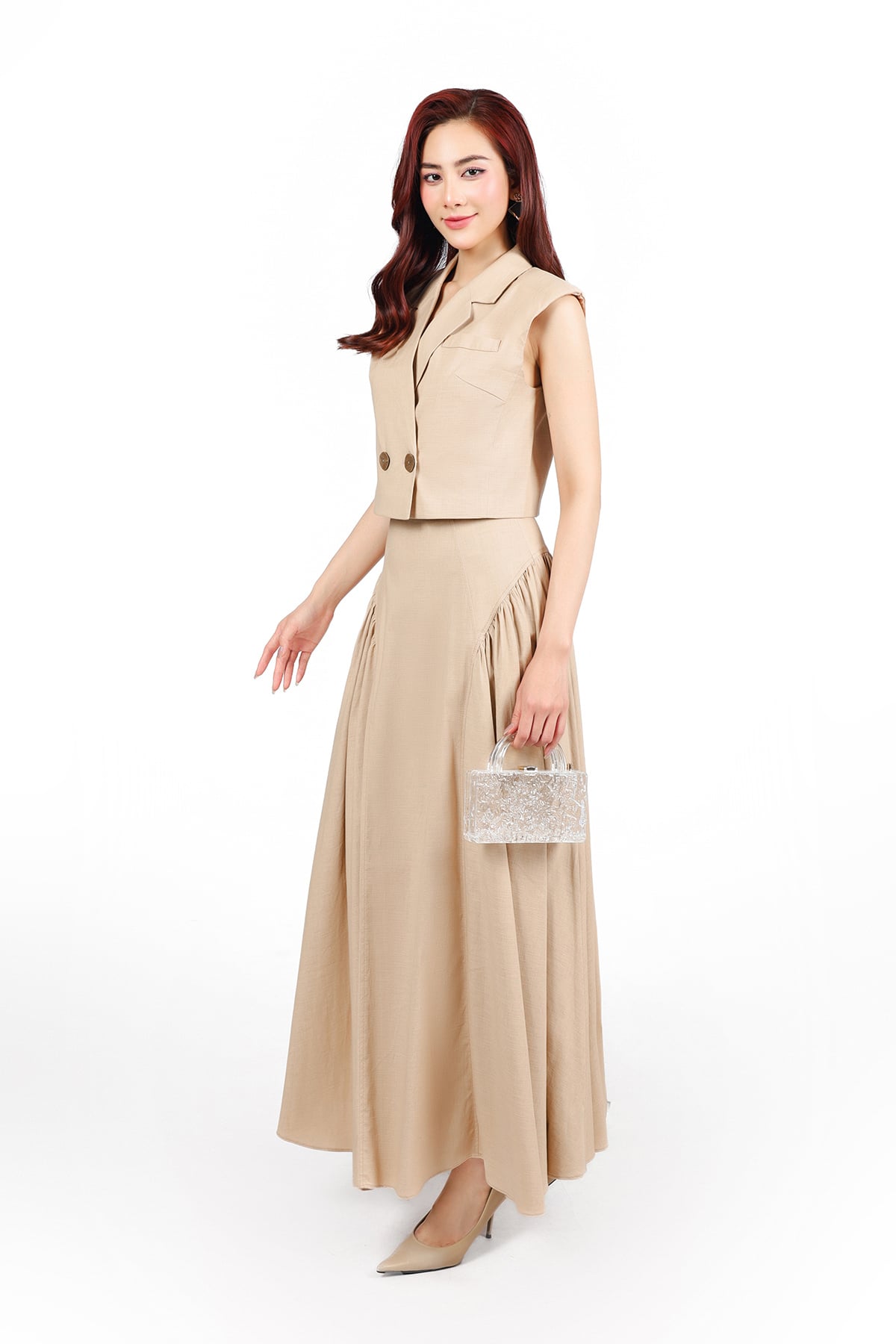 BAK33425 - Áo kiểu công sở vải linen dáng lửng cổ hai ve vai chờm có đệm vai thân thân áo đính khuy tạo kiểu - PANTIO