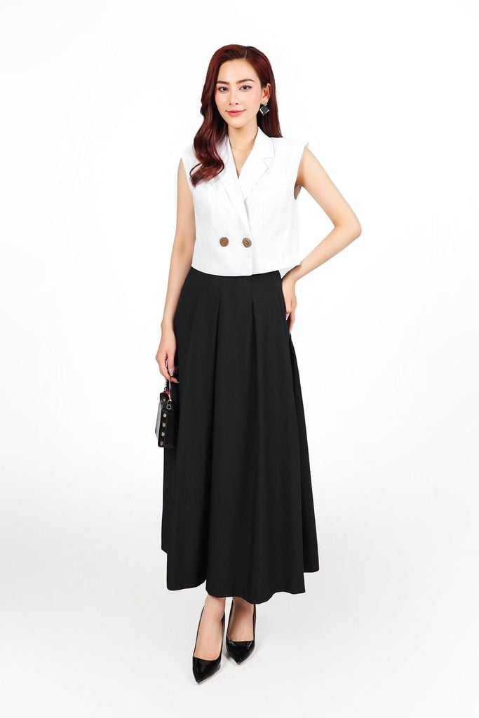 BAK33425 - Áo kiểu công sở vải linen dáng lửng cổ hai ve vai chờm có đệm vai thân thân áo đính khuy tạo kiểu - PANTIO