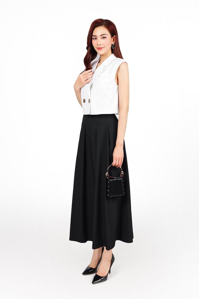 BAK33425 - Áo kiểu công sở vải linen dáng lửng cổ hai ve vai chờm có đệm vai thân thân áo đính khuy tạo kiểu - PANTIO