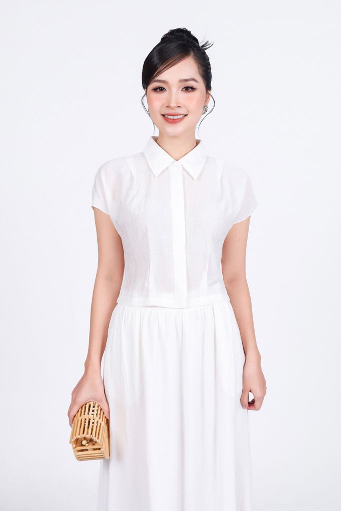 BAK33442 - Áo kiểu công sở vải thô nhăn mỏng dáng lửng cổ đức vai chờm cài khuy thân trước - PANTIO