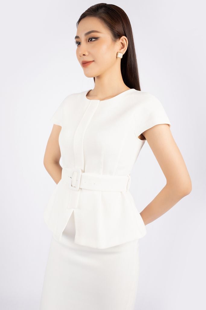 BAK72656 - Áo kiểu công sở vải thô dáng peplum cổ tròn vai liền kèm đai - PANTIO