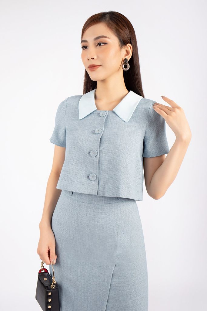 BAK72658 - Áo kiểu công sở vải thô dáng croptop lá cổ phối vải lụa thân cài cúc bọc - PANTIO