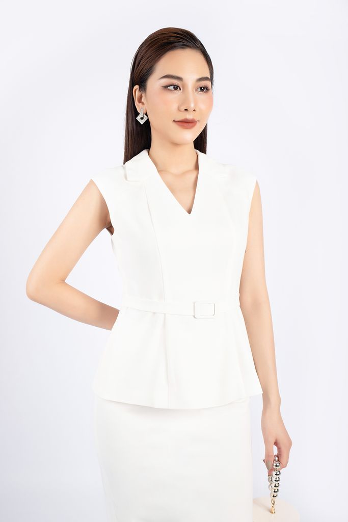 BAK72666 - Áo kiểu công sở vải tuytsi dáng peplum cổ V kèm đai cùng vải tạo kiểu - PANTIO