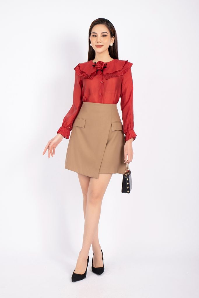 BAK72691 - Áo kiểu công sở vải tơ dáng suông cổ bèo hai tầng phối hoa cài trang trí cửa tay loe bo chun - PANTIO