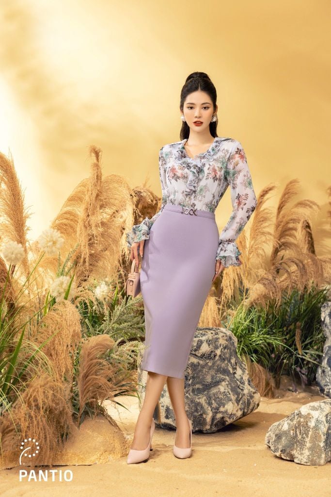 BAK72694 - Áo kiểu công sở vải chiffon dáng suông cổ kiểu thân đổ bèo cửa tay loe - PANTIO