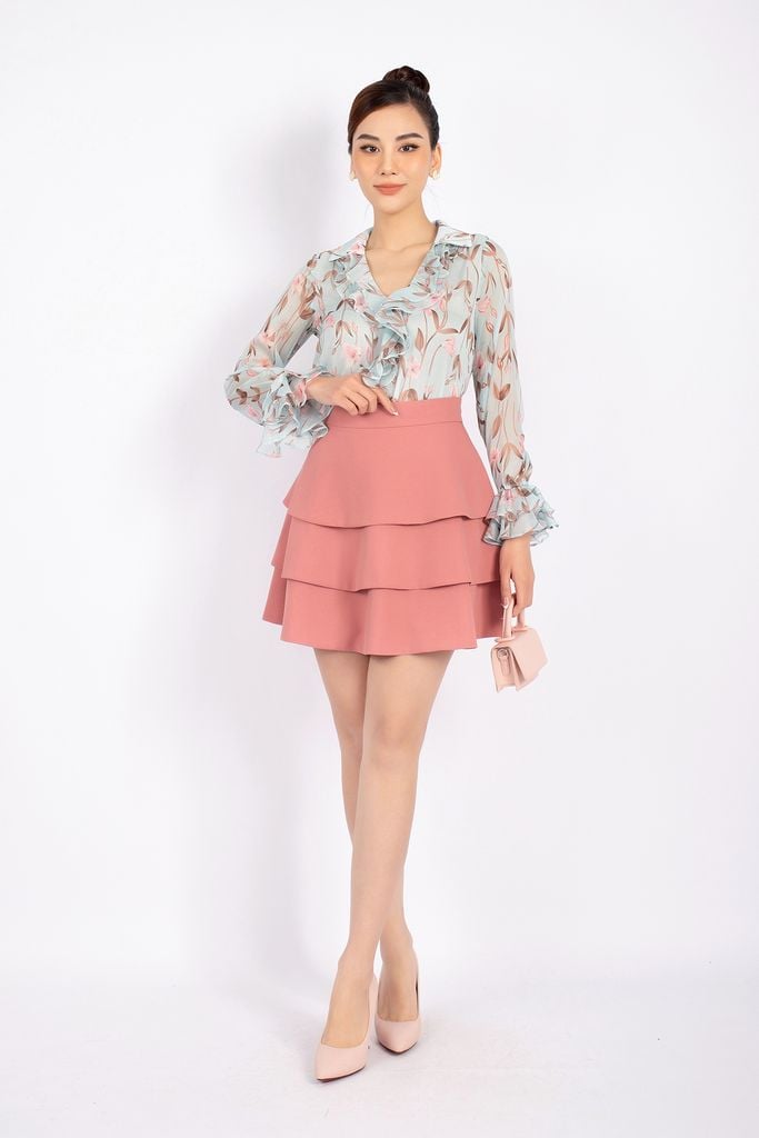 BAK72694 - Áo kiểu công sở vải chiffon dáng suông cổ kiểu thân đổ bèo cửa tay loe - PANTIO