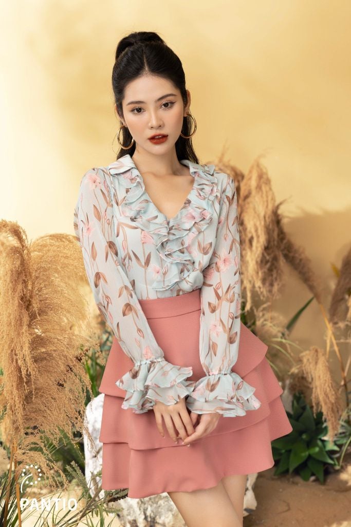 BAK72694 - Áo kiểu công sở vải chiffon dáng suông cổ kiểu thân đổ bèo cửa tay loe - PANTIO