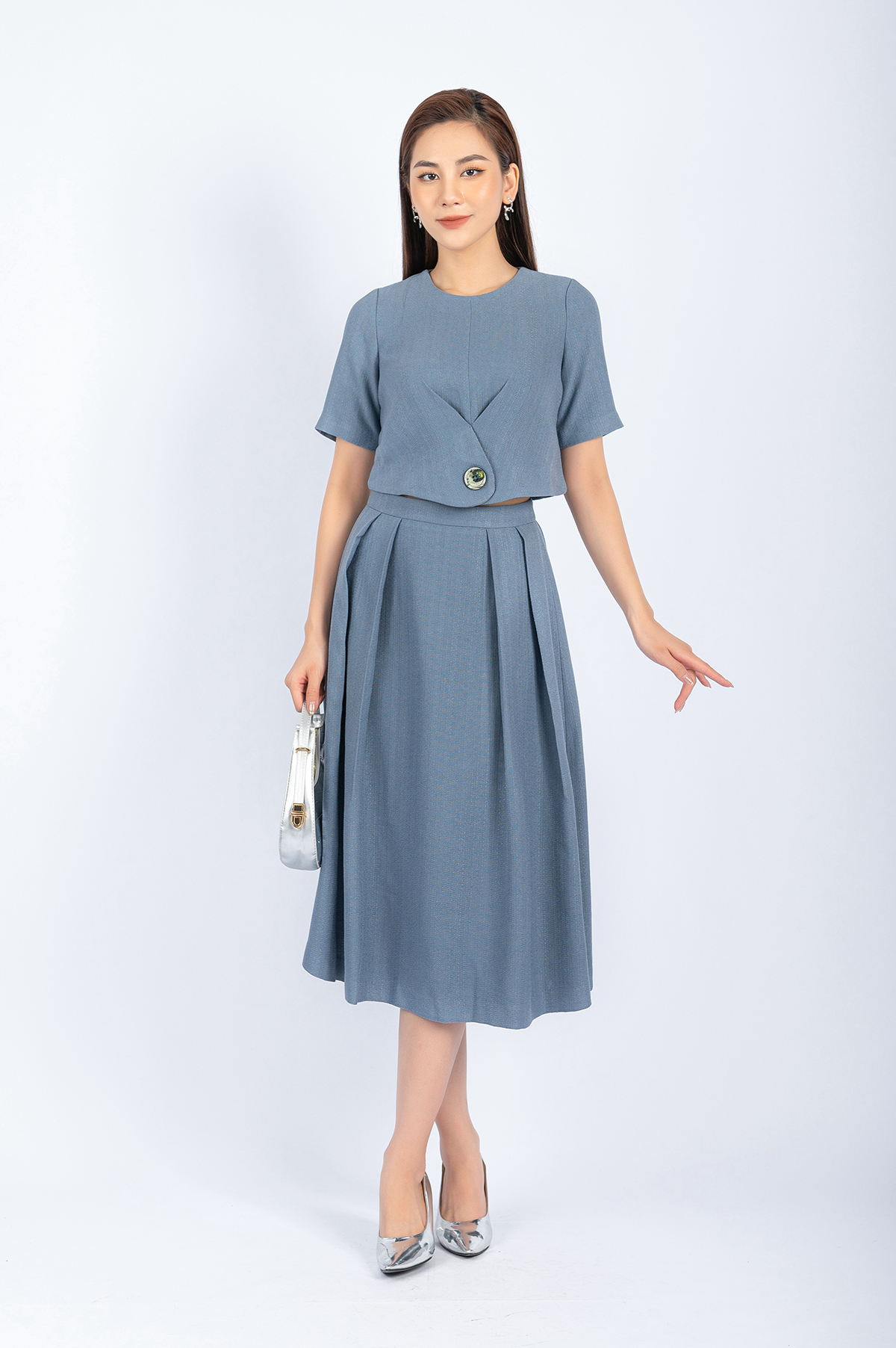 BJD72695 - Chân váy midi công sở vải thô đũi dáng Xoè xếp nếp hai bên hông dài qua gối - PANTIO