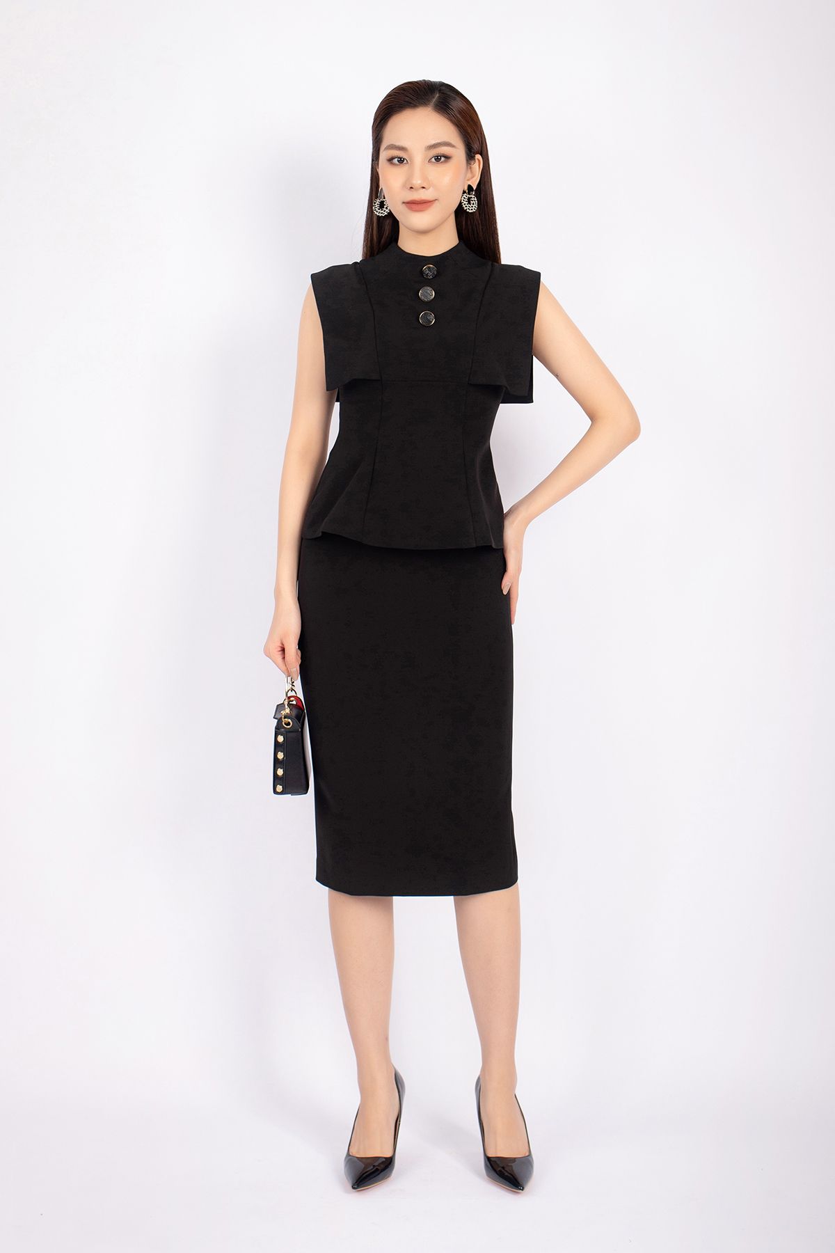 BAK72731 - Áo kiểu công sở vải thô dáng ôm cổ tròn cao vai chờm tạo kiểu - PANTIO