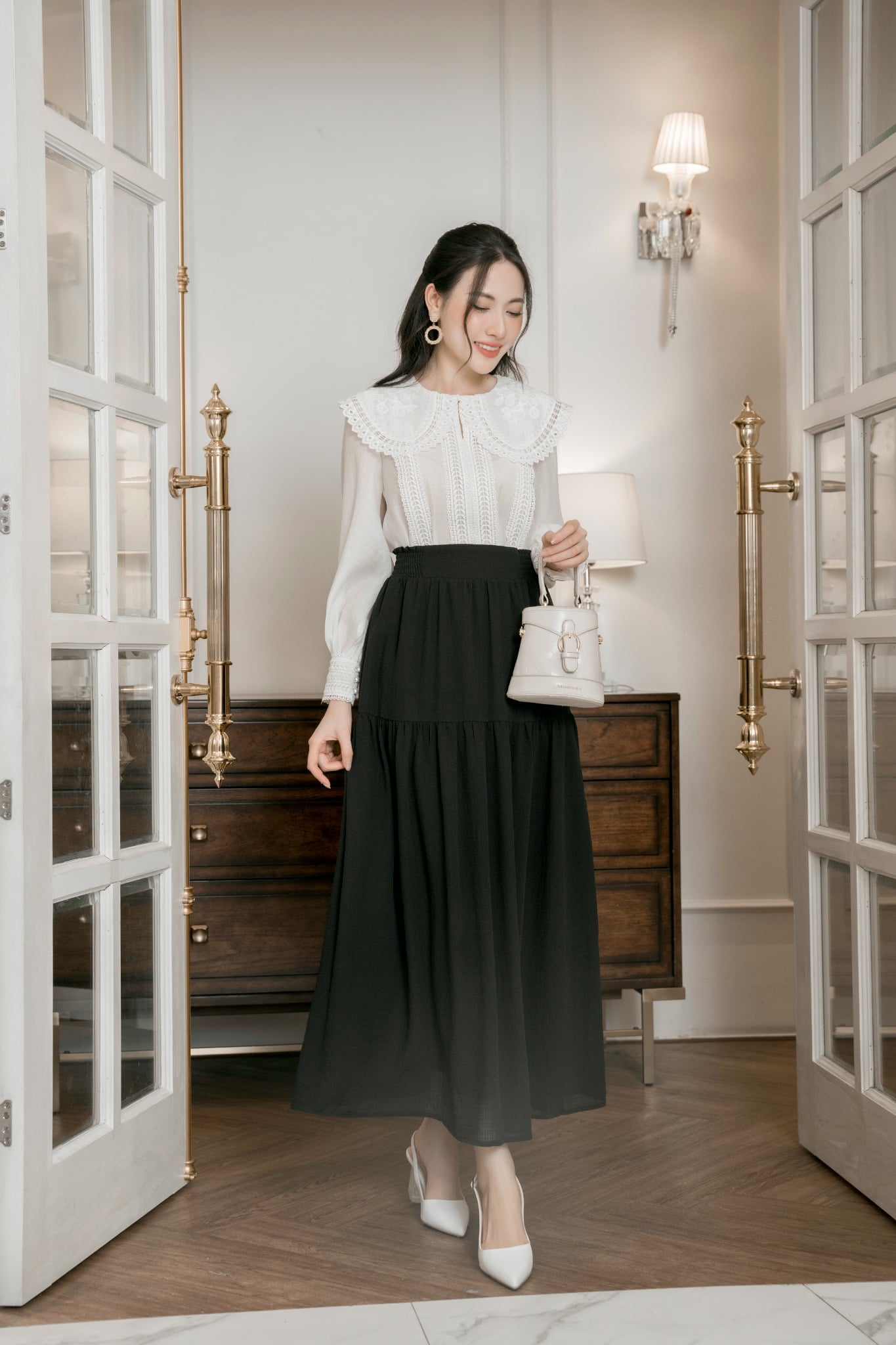 FJD51079 - Chân váy công sở vải chiffon dáng Xoè cạp chun thân nối tầng xếp nhún tạo kiểu - PANTIO