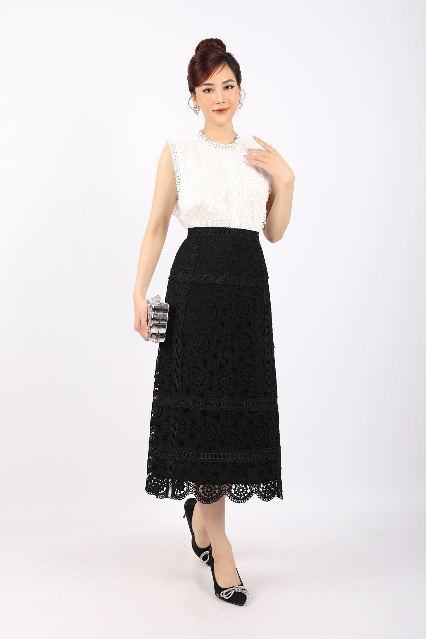 BJD72899 - Chân váy công sở vải ren dáng A cạp rời thân phối dây ren trang trí khóa thân sau - PANTIO