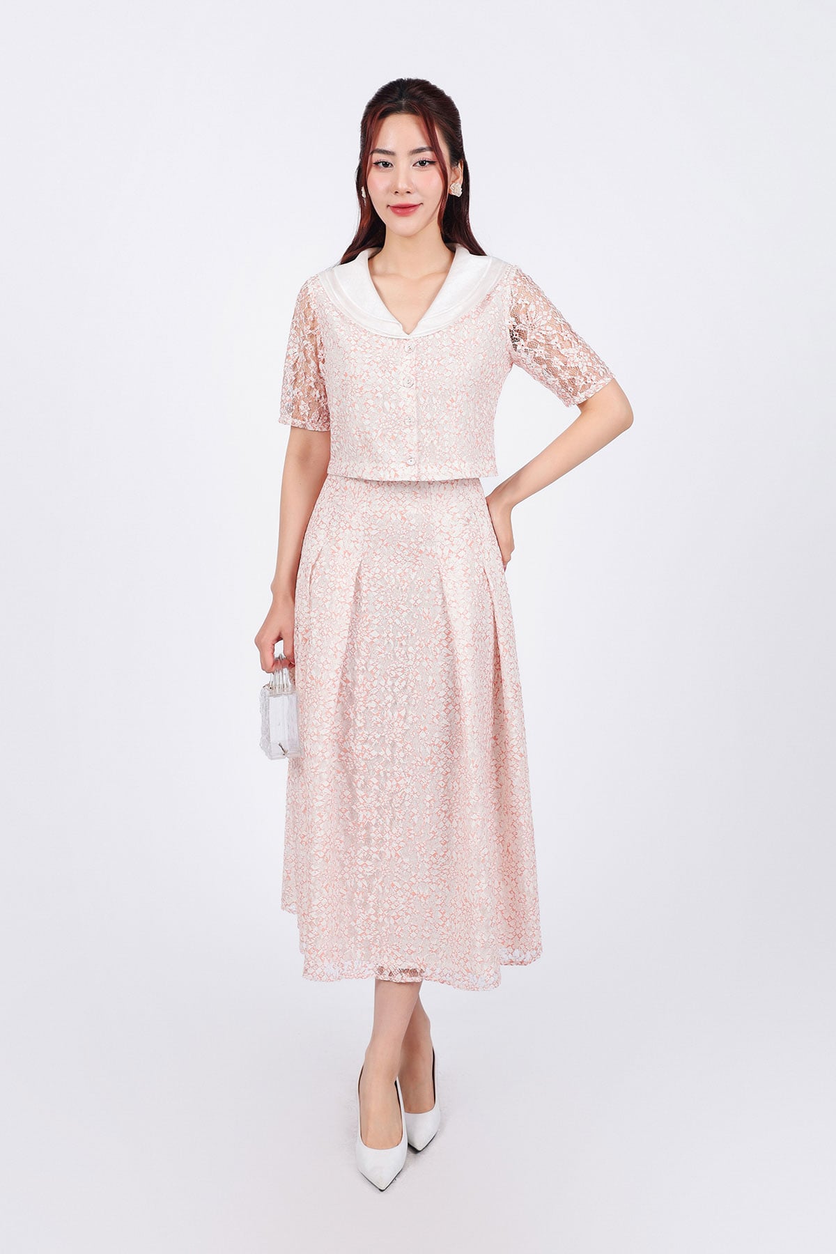 BJD73210 - Chân váy dạo phố vải ren hoa hai lớp lót tơ dáng suông cạp liền phối ly bung tạo xoè - PANTIO