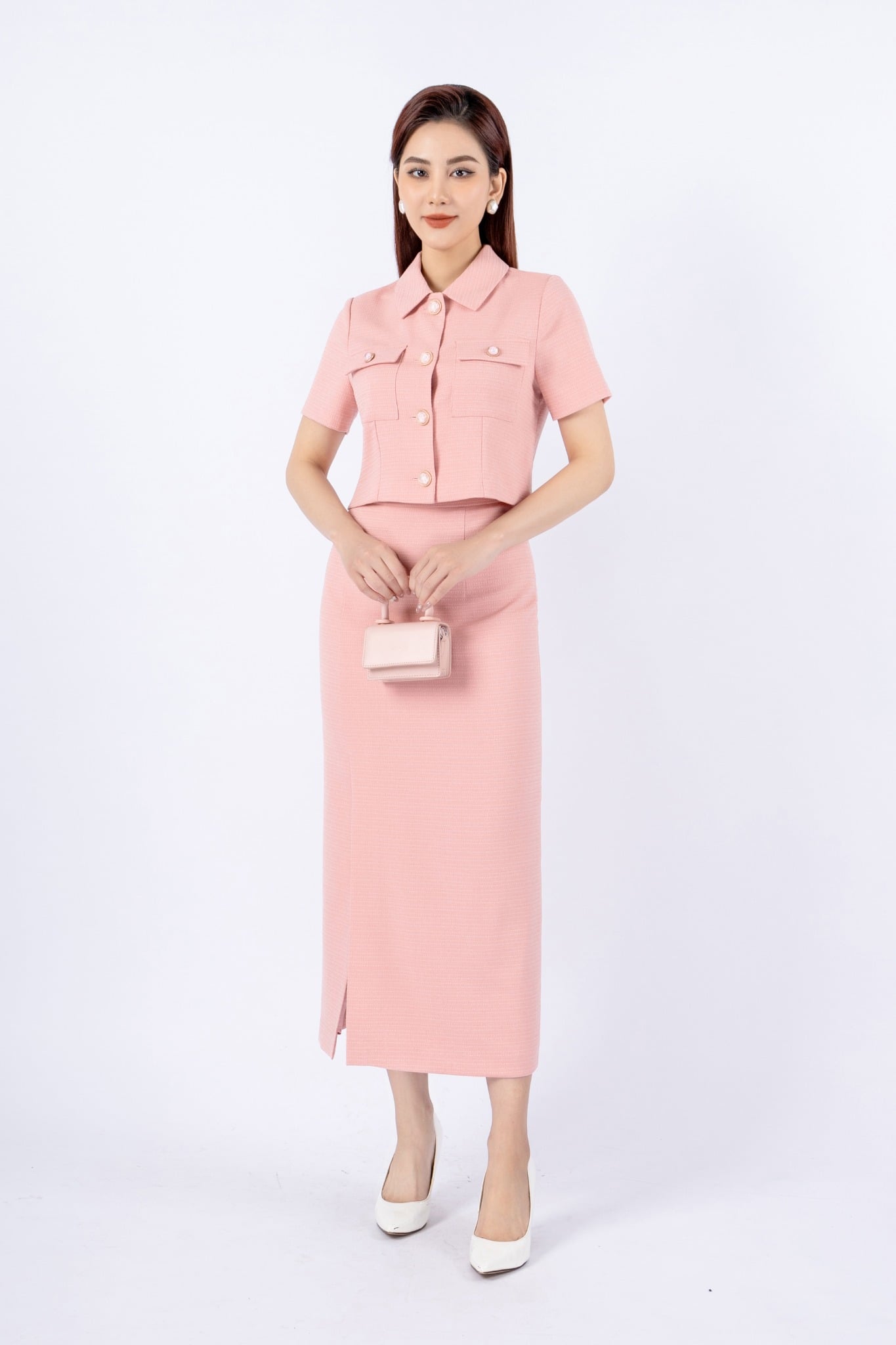 BAK92952 - Áo kiểu công sở vải dạ thô dáng croptop cổ đức cài cúc ngực phối nắp túi tạo kiểu - PANTIO