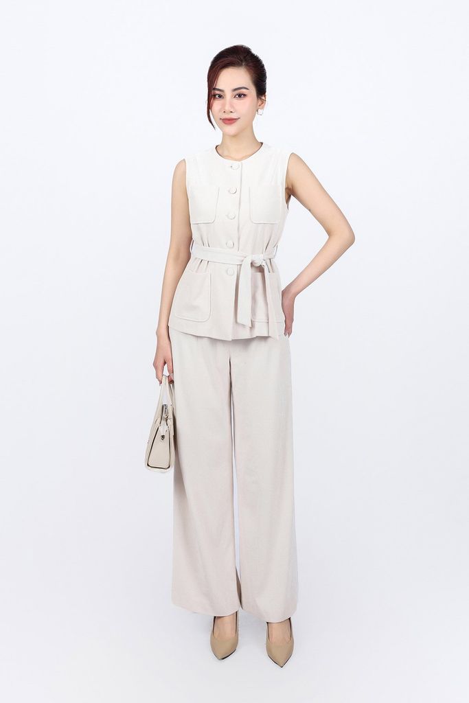 BAK93250 - Áo kiểu gile vải nhung cổ tròn thân áo đính khuy bọc có túi kèm dây đai thời trang - PANTIO
