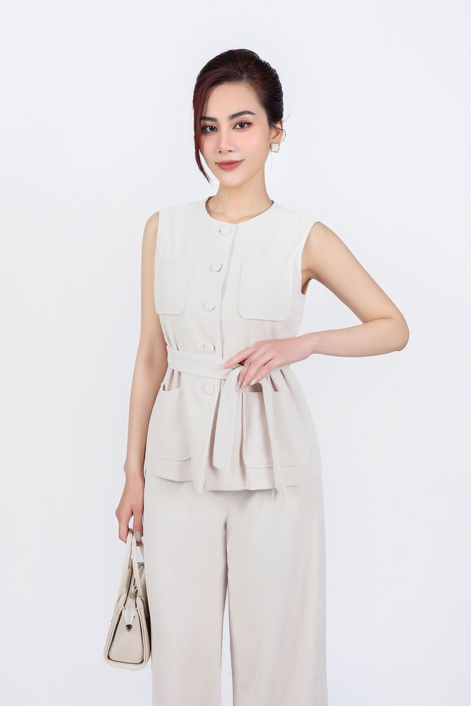 BAK93250 - Áo kiểu gile vải nhung cổ tròn thân áo đính khuy bọc có túi kèm dây đai thời trang - PANTIO