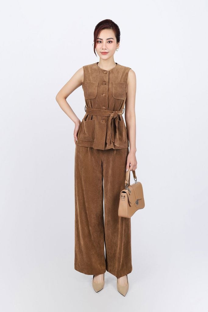BAK93250 - Áo kiểu gile vải nhung cổ tròn thân áo đính khuy bọc có túi kèm dây đai thời trang - PANTIO