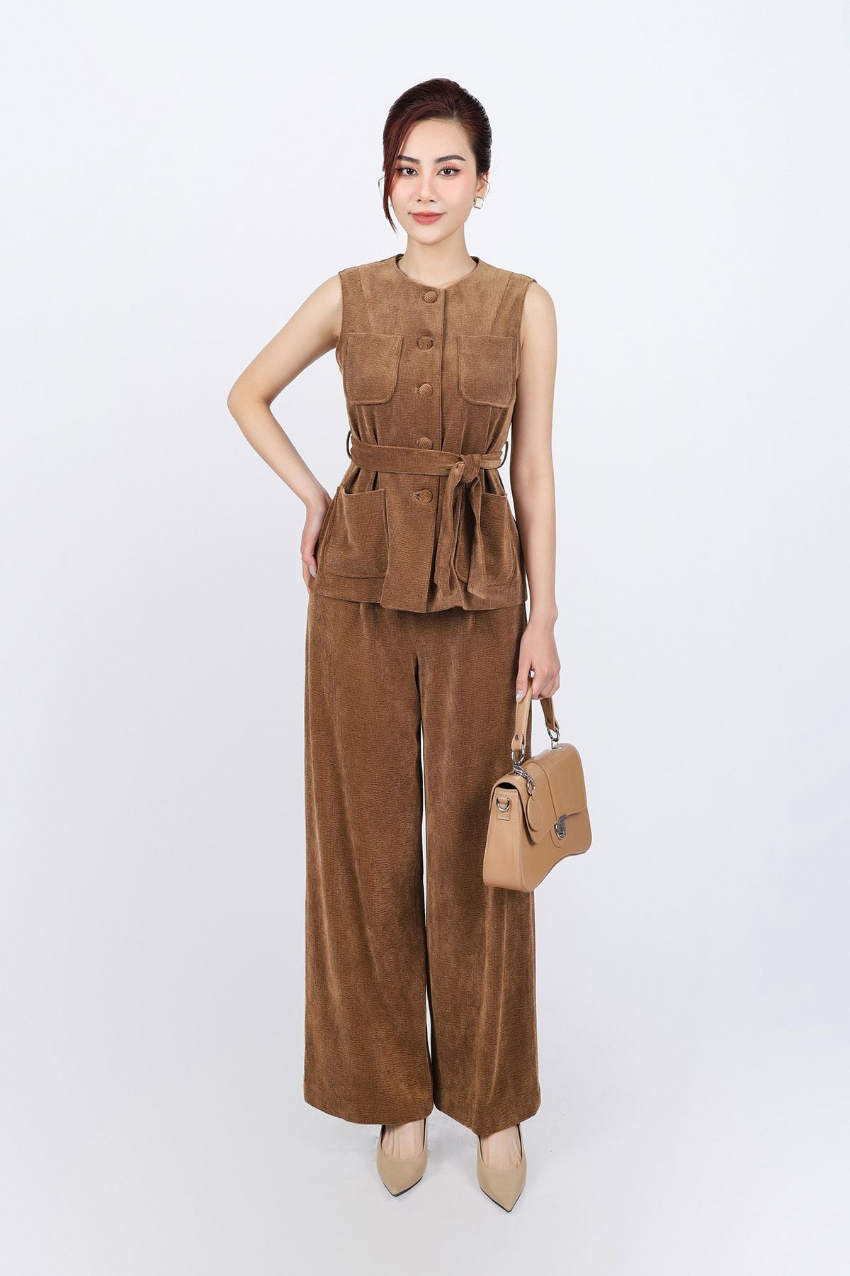 BQD93250 - Quần dài vải nhung dáng suông lưng phối chun co giãn khóa thân trước - PANTIO