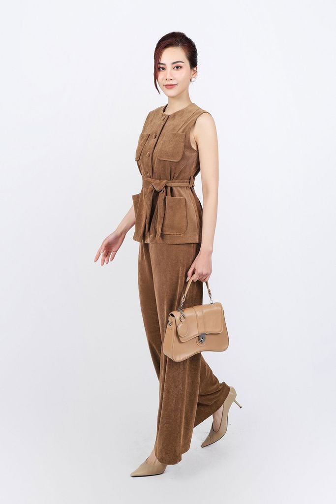 BAK93250 - Áo kiểu gile vải nhung cổ tròn thân áo đính khuy bọc có túi kèm dây đai thời trang - PANTIO